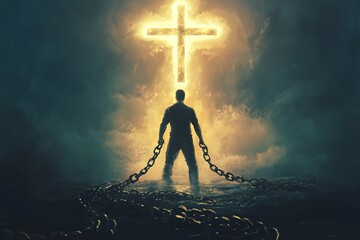 A powerful representation of a man breaking free from chains of sin, stepping into a bright future. A Christian cross at the pinnacle symbolizes faith and salvation.

