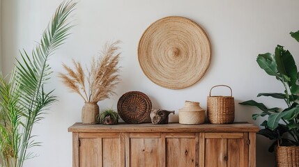 A wooden cabinet and decorative pieces adorn a living room against a blank white wall. 