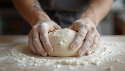 Fototapeta premium Kneading fresh dough by hand on a floured surface