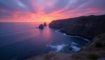 Fototapeta premium Scenic coastal cliffs and ocean at sunset with vivid skies