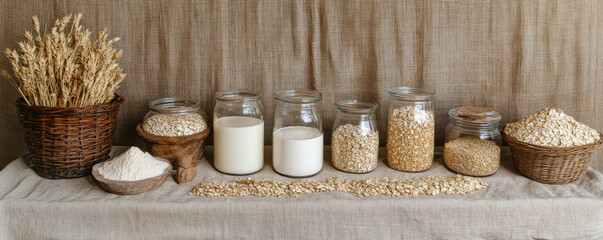 Artisanal food display featuring oat milk, oat flour, and dry oats arranged in jars and baskets, creating rustic and inviting atmosphere