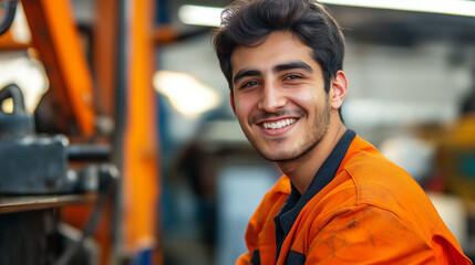 Hispanic industrial worker in orange uniform smiling at construction site. Ideal for workplace safety, skilled labor recruitment, or industrial training materials.