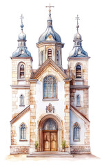Obraz premium PNG Vintage European church architecture illustration watercolor.