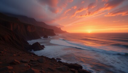 Obraz premium Scenic coastal cliffs and ocean at sunset with vivid skies