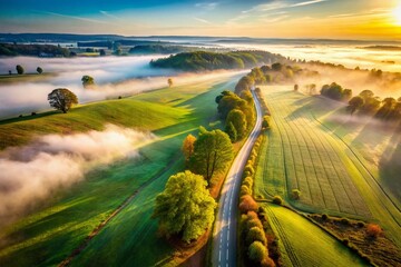 Misty Rural Road Aerial Drone Photography