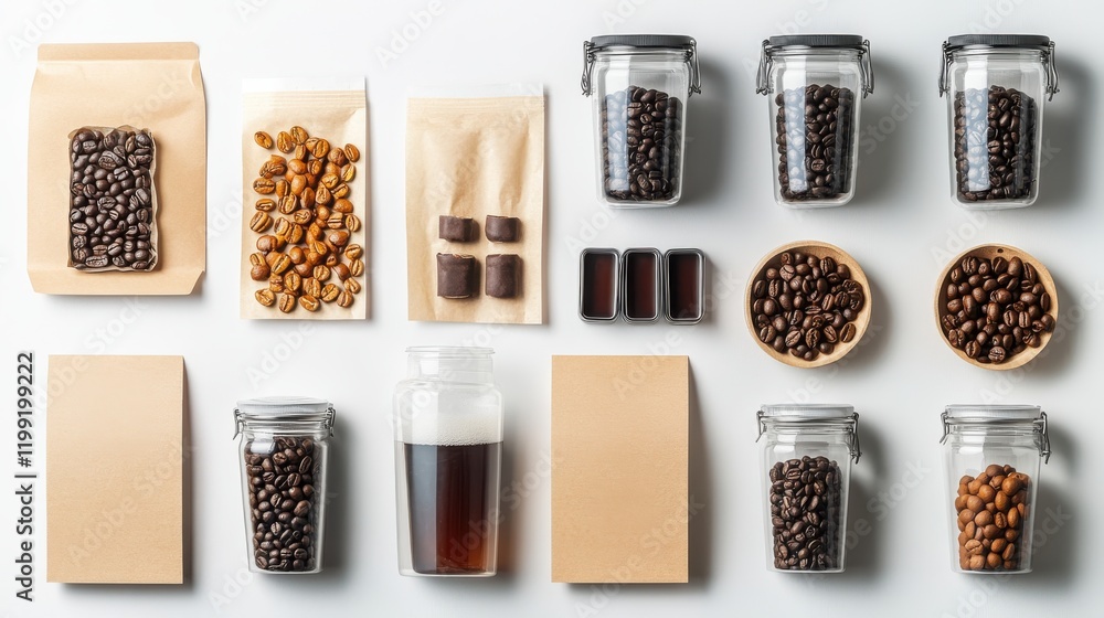 Poster coffee products arranged aesthetically with various packaging and brewing methods in a clean setting