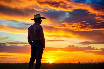Modern Cowboy Silhouette Sunset Countryside Minimalist AI Photo