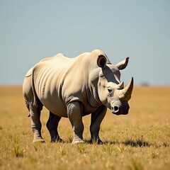 Obraz premium A majestic rhinoceros walks through the vast grassland under a clear blue sky.