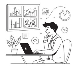One line art set business flat vector illustration design
cartoon character working action style concept. online video conference meeting. business planning. data analytics