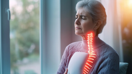 A tranquil morning scene of a mature woman holding a heating pad to her neck while sitting near a window, with a glowing red overlay of the cervical spine illustrating pain
