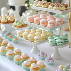 Spring celebration dessert table aesthetic macarons and cupcakes event bright and inviting closeup view sweetness concept