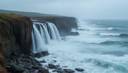 Fototapeta premium Rugged coastal cliffs with waves and waterfalls in mist
