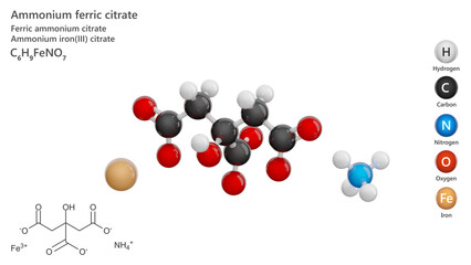 Molecule: Ammonium Ferric Citrate. E381. Molecular structure. Formula: C6H8FeNO7. Chemical model: Ball and stick. White background. 3D illustration.