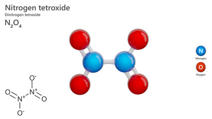 Molecule: Nitrogen Tetroxide. Oxidising agent. Molecular structure. Formula: N2O4. Chemical model: Ball and stick. White background. 3D illustration.