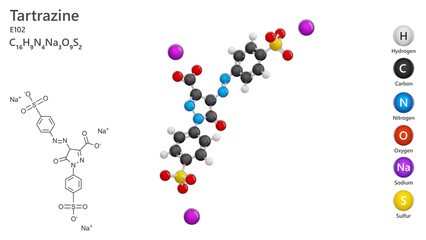 Molecule: Tartrazine. Food coloring. E102. Molecular structure. Formula: C16H9N4Na3O9S2. Chemical model: Ball and stick. White background. 3D illustration.