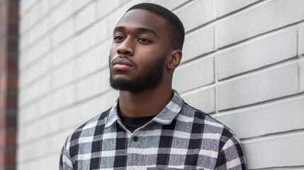 Fototapeta premium Young African American man in plaid shirt against white wall. Great for urban fashion, modern lifestyle, or authentic millennial content.