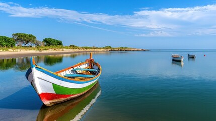 Naklejka premium Colorful fishing boat on a calm sea