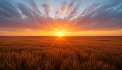 Fototapeta premium Golden wheat field at sunrise with dramatic skies