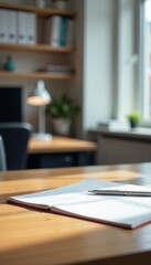 Naklejka premium A modern office workspace featuring a desk, notebook, and stylish decor.
