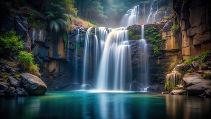 Gentle waterfall cascading down a rocky cliff into a serene pool on a dark background with a subtle mist effect , waterfall, black background