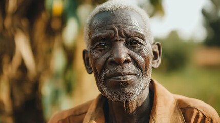 Senior African man in yellow jacket against natural background. Ideal for aging with dignity, life wisdom, or cultural heritage content.