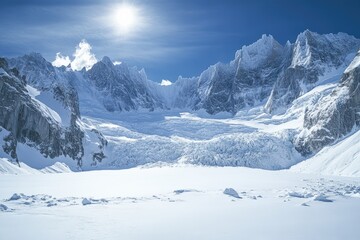 Obraz premium Majestic winter wonderland landscape snow-covered mountains glacier view serene environment captivating aesthetic