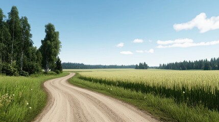 Fototapeta premium A winding dirt road through a serene landscape of fields and trees.