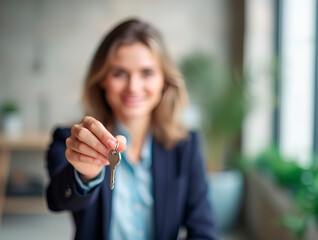 Confident realtor holding a key in modern office setting 