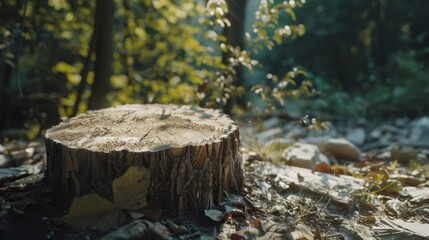 A small tree stump surrounded by leaves, depicting the natural process of decay and the growth of new plants.
