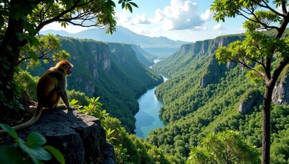 Obraz premium A monkey gazing over a lush valley filled with greenery and a winding river.