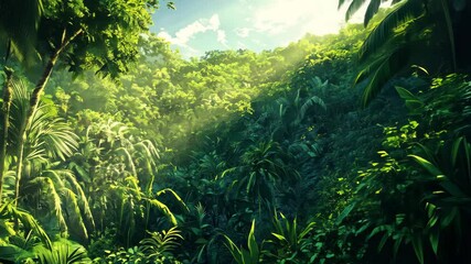 Lush jungle landscape illuminated by sunlight in a vibrant anime setting, anime scene set in a lush jungle anime video background