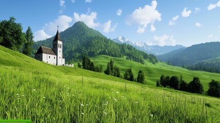 Fototapeta premium Alpine Church Meadow Landscape