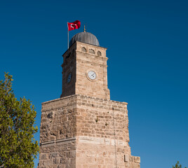 Antalya city clock tower. Summer midday. Turkey country 