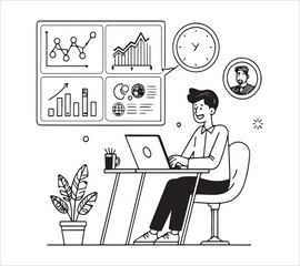 Set business flat line art vector illustration design cartoon character working action style concept. online video conference meeting. Business planning. data analytics