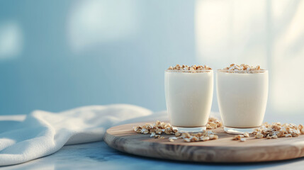 Fototapeta premium Creamy oat milk drinks topped with crunchy granola served on wooden board, creating cozy and inviting atmosphere. Perfect for healthy snack or breakfast option