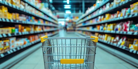 Interior view of a grocery store with an empty shopping cart on aisle shelving. Shoppers are not in the frame.