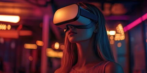 Woman in VR headset at a futuristic club, neon lights in background. Modern and advanced technology for gaming and entertainment.