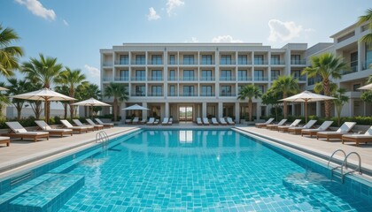 Luxury Resort with a Large Outdoor Pool Surrounded by Palm Trees