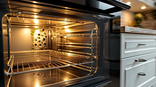 An open oven reveals warm light while highlighting the kitchen's contemporary decor and spacious layout with cabinets and countertop