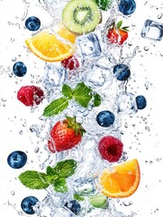 Delicious assortment of fruits in a refreshing drink with ice cubes