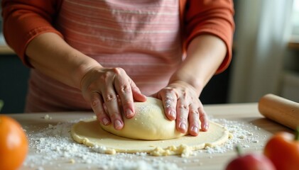 Fototapeta premium A person kneads dough on a wooden surface, preparing for baking delicious treats.