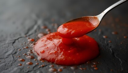 Spoonful of fresh tomato sauce on dark background