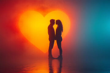 Minimalist silhouette of a couple holding hands inside a heart, soft pastel background. Bright lighting, contrast with copy space for text