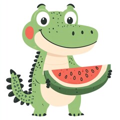 Cartoon alligator holding a slice of watermelon on white background for children illustration