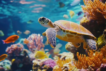 Naklejka premium Scuba diving experience with sea turtle and vibrant fish in coral reef ecosystem.
