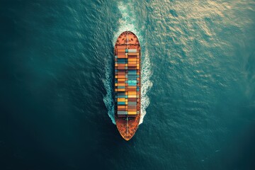 Aerial view of a cargo container ship navigating open waters maritime trade drone photography ocean environment shipping concept