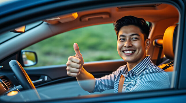 Person driving a car and showing thumb up