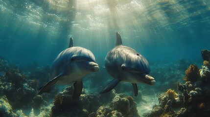 Obraz premium Two dolphins swim in the ocean.