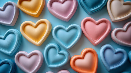 Obraz premium Flat lay of heart-shaped photo frames arranged neatly on a pastel-toned surface, bright accents. Bright lighting, contrast with copy space for text