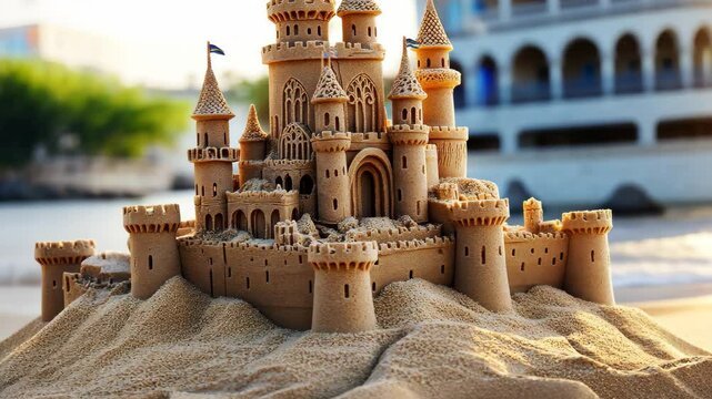 Intricate sandcastle featuring towers and turrets built on a sunny beach during the day, Detailed sand castle with towers and turrets on sandy surface